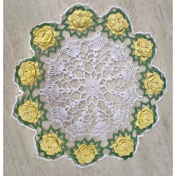 Handmade Other - Hand Crocheted Doily With Yellow Roses & White Center 22" D Vintage Wedding Gift